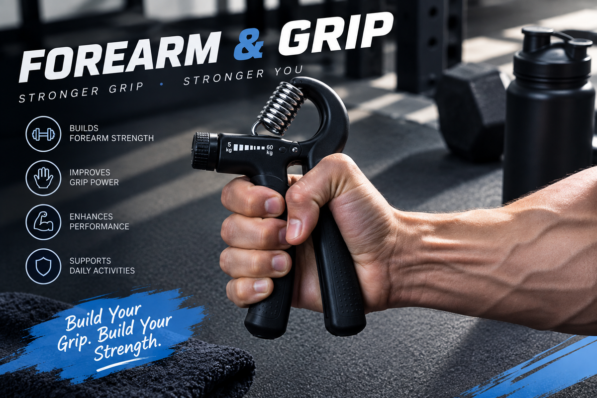 Forearm and grip trainer being squeezed by a muscular hand in a gym setting